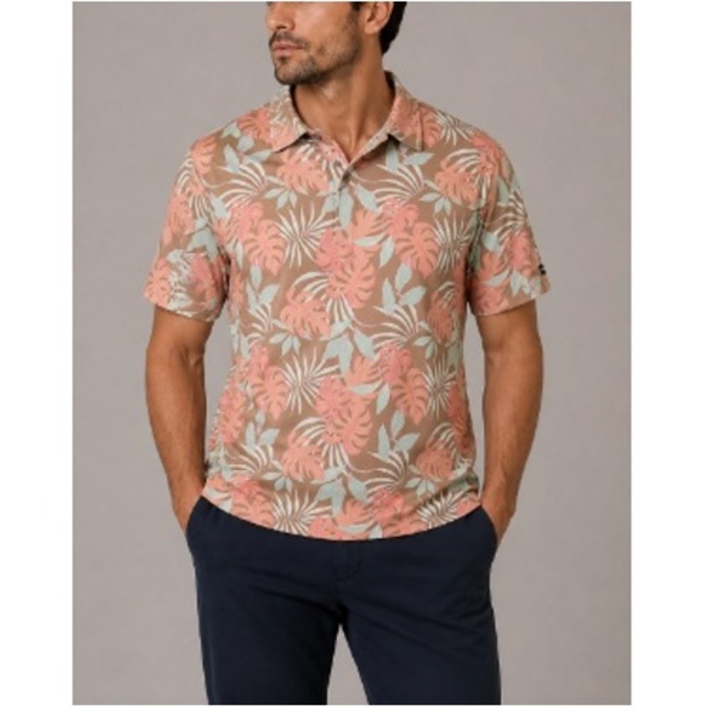 SandyGolf Men's Pink Teal Tan Tropical Palm Print Golf Polo Shirt Size XXL NWT